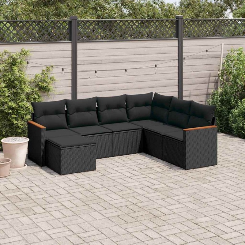 Salon de jardin 7 pcs avec coussins noir résine tressée 641512641512