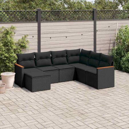 Salon de jardin 7 pcs avec coussins noir résine tressée 641512641512