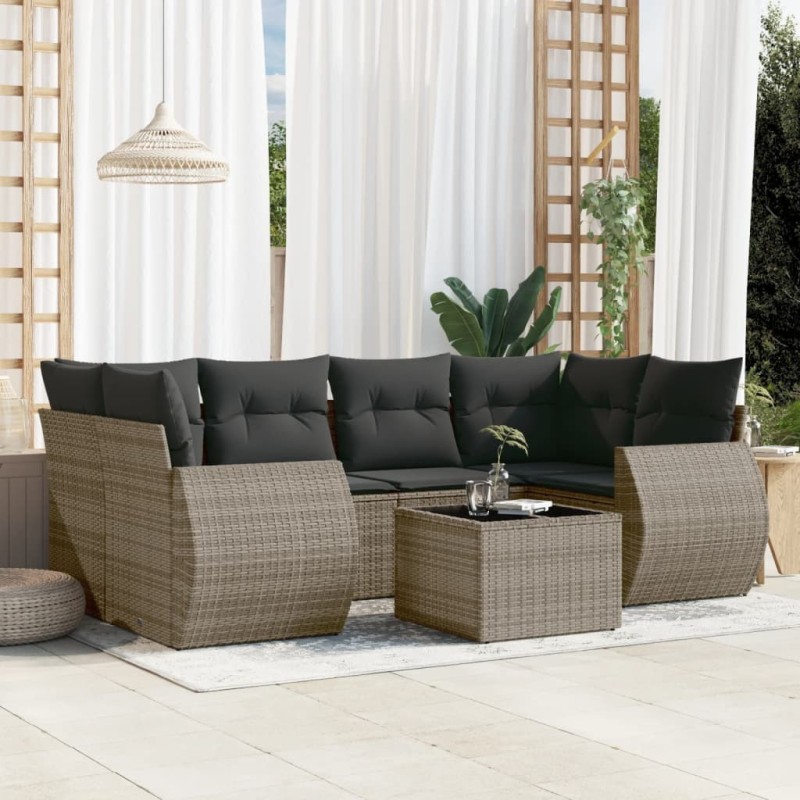 Salon de jardin avec coussins 7 pcs gris résine tressée 641549641549