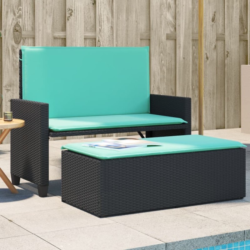 Banc de jardin avec coussins et repose-pieds noir résine tressée 641579641579