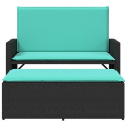 Banc de jardin avec coussins et repose-pieds noir résine tressée 641579641579