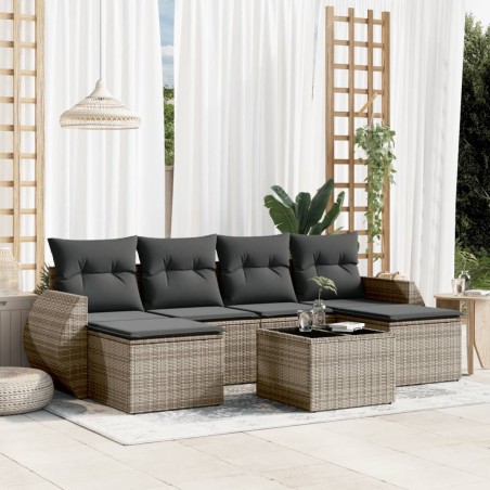 Salon de jardin avec coussins 7 pcs gris résine tressée 641606641606