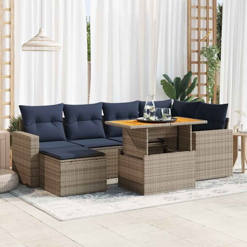 Salon de jardin avec coussins 7 pcs gris résine tressée 641611641611