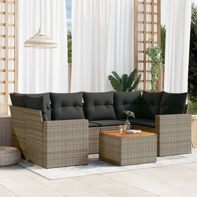 Salon de jardin avec coussins 7 pcs gris résine tressée 641623641623