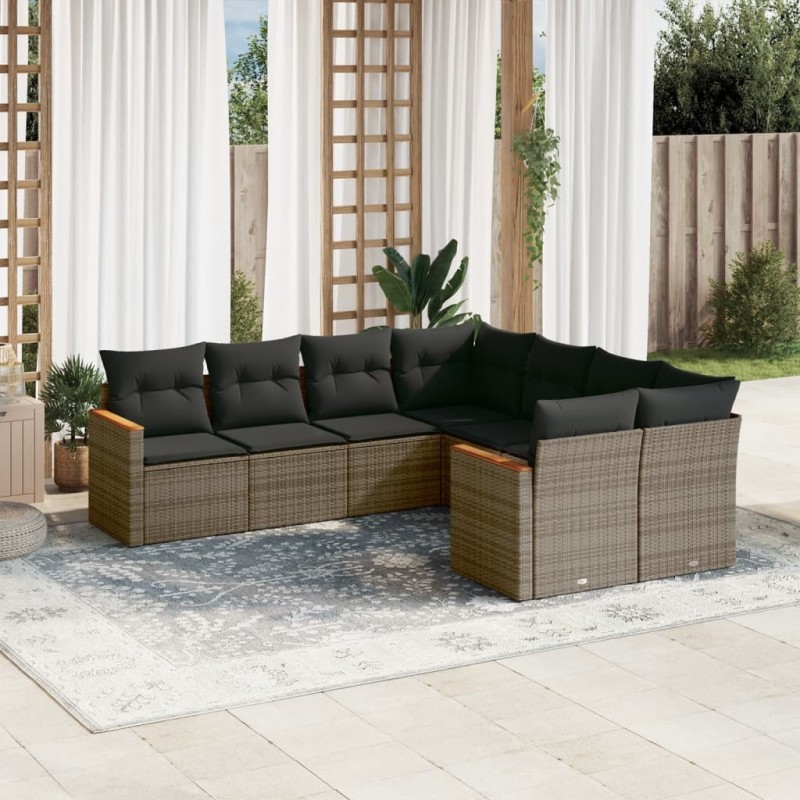 Salon de jardin 8 pcs avec coussins gris résine tressée 641668641668