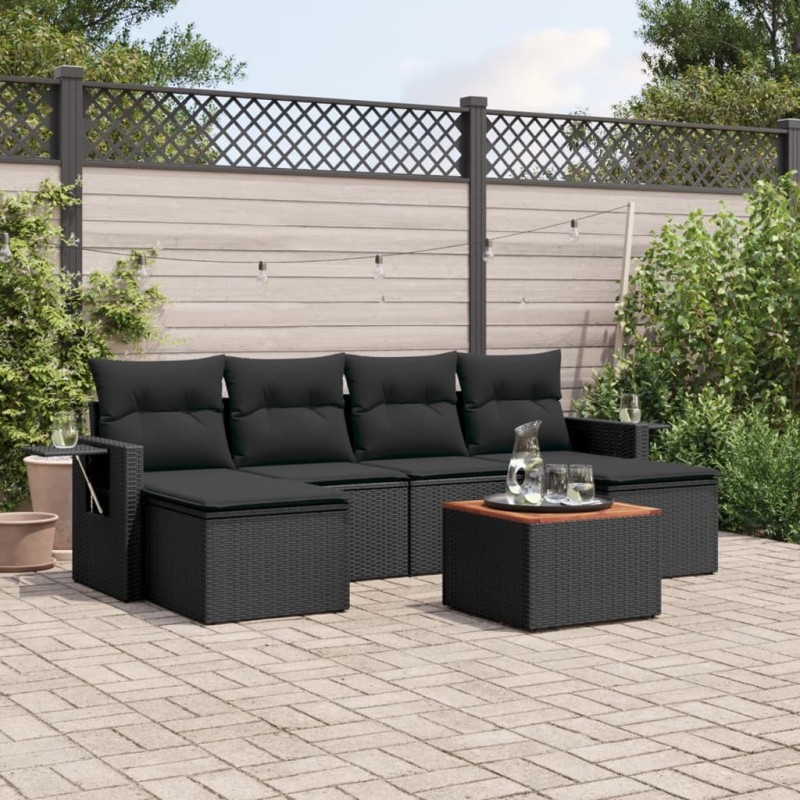 Salon de jardin 7 pcs avec coussins noir résine tressée 641670641670