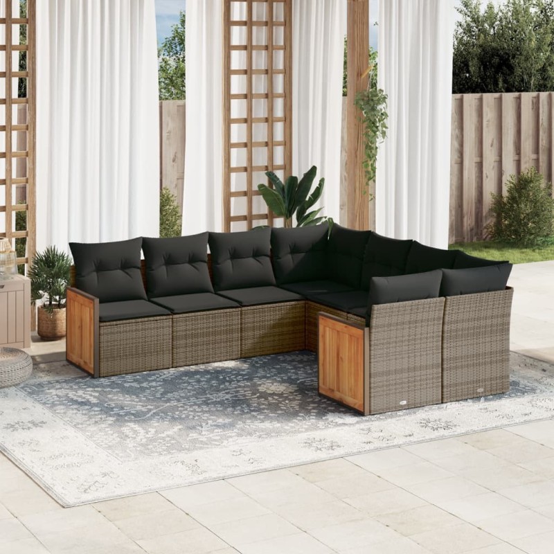 Salon de jardin 8 pcs avec coussins gris résine tressée 641682641682