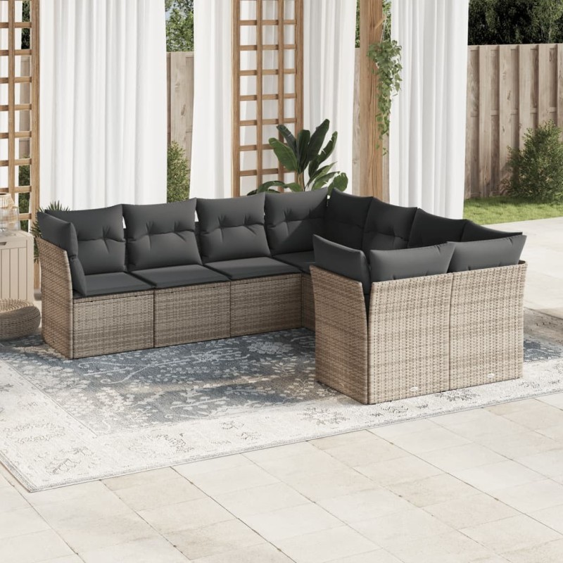 Salon de jardin 8 pcs avec coussins gris résine tressée 641684641684