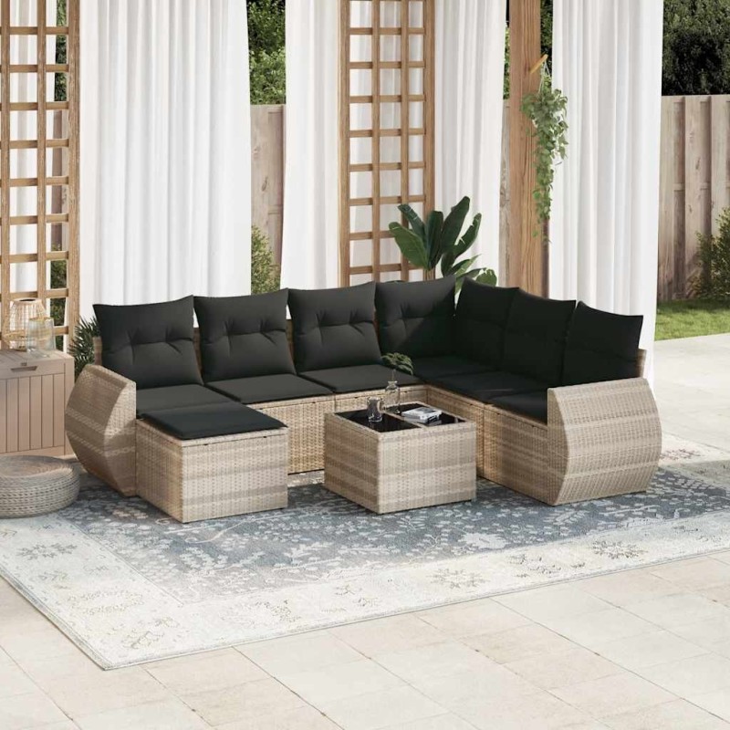 Salon de jardin 8 pcs avec coussins gris clair résine tressée 641685641685