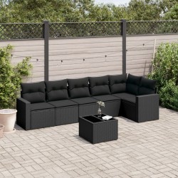 Salon de jardin 7 pcs avec coussins noir résine tressée 641686641686