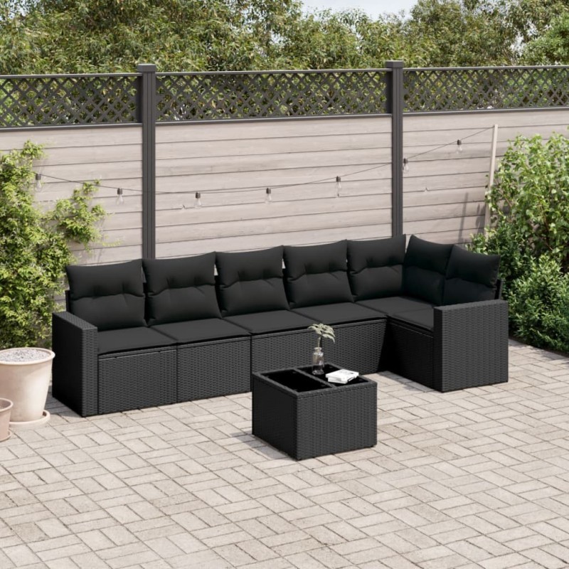 Salon de jardin 7 pcs avec coussins noir résine tressée 641686641686
