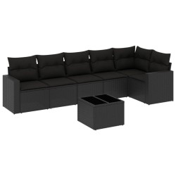 Salon de jardin 7 pcs avec coussins noir résine tressée 641686641686