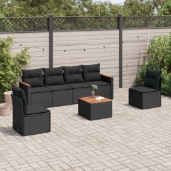Salon de jardin 7 pcs avec coussins noir résine tressée 641692641692