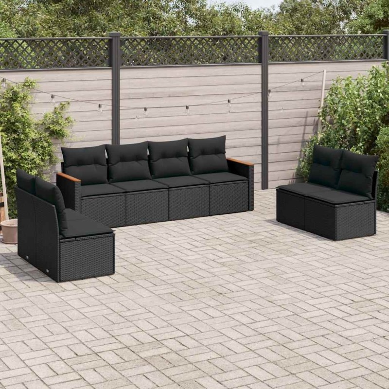 Salon de jardin 8 pcs avec coussins noir résine tressée 641716641716