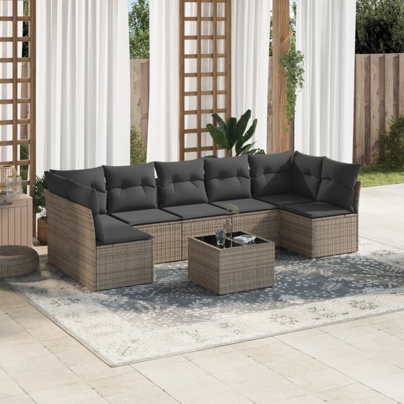 Salon de jardin 8 pcs avec coussins gris résine tressée 641733641733