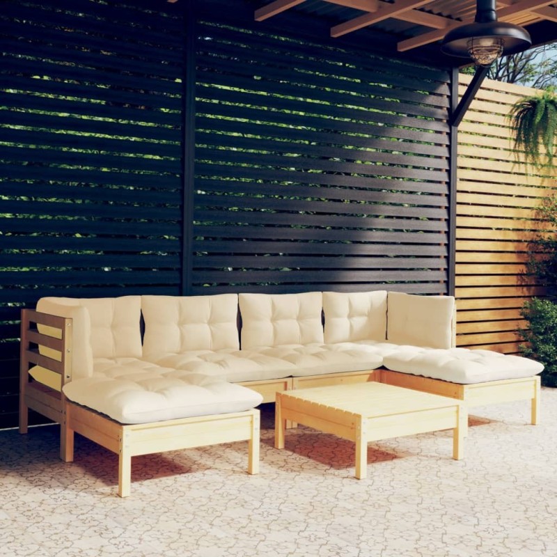 Salon de jardin 7 pcs avec coussins crème bois de pin 641744641744