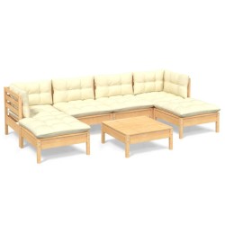 Salon de jardin 7 pcs avec coussins crème bois de pin 641744641744