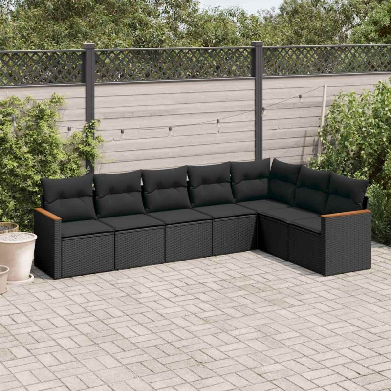 Salon de jardin 7 pcs avec coussins noir résine tressée 641748641748