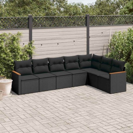 Salon de jardin 7 pcs avec coussins noir résine tressée 641748641748