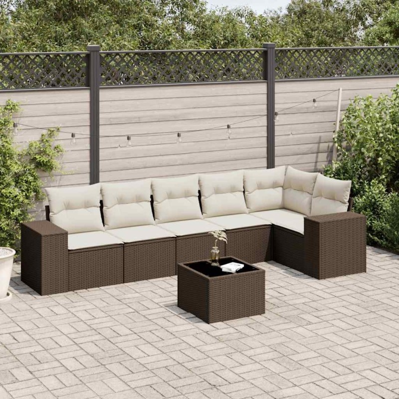 Salon de jardin avec coussins 7 pcs marron résine tressée 641751641751