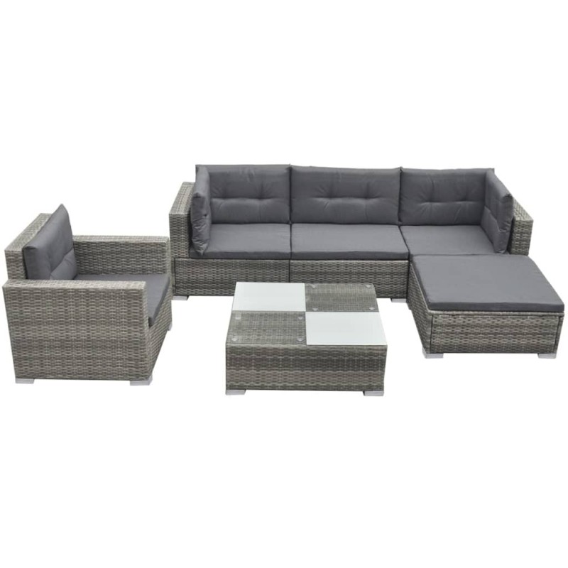 Salon de jardin 6 pcs avec coussins résine tressée gris 641752641752