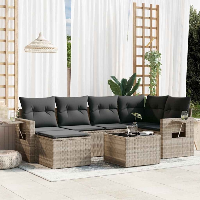 Salon de jardin avec coussins 7 pcs gris clair résine tressée 641753641753