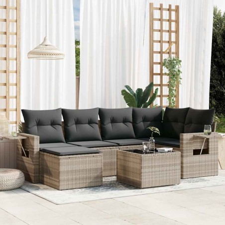 Salon de jardin avec coussins 7 pcs gris clair résine tressée 641753641753