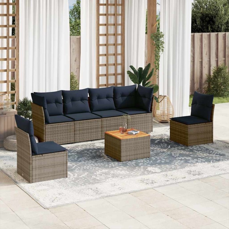 Salon de jardin 7 pcs avec coussins gris résine tressée 641757641757