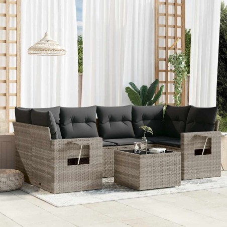 Salon de jardin avec coussins 7 pcs gris clair résine tressée 641771641771