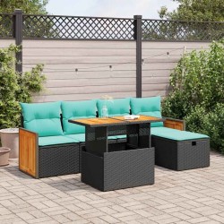 Salon de jardin 6 pcs avec coussins noir résine tressée acacia 641776641776