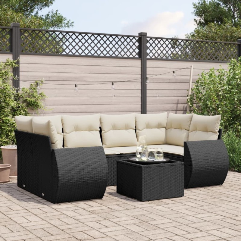 Salon de jardin 7 pcs avec coussins noir résine tressée 641777641777