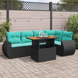Salon de jardin 6 pcs avec coussins noir résine tressée 641779641779