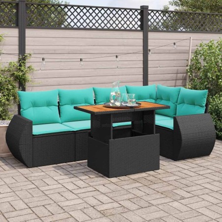 Salon de jardin 6 pcs avec coussins noir résine tressée 641779641779