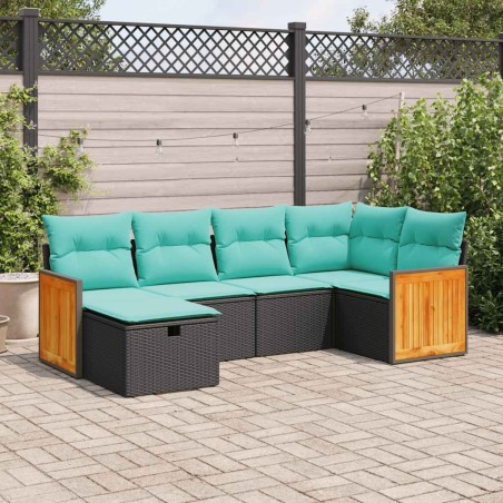 Salon de jardin 6 pcs avec coussins noir résine tressée 641781641781