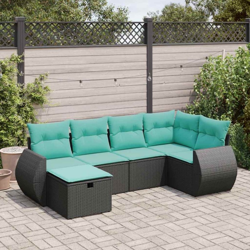 Salon de jardin 6 pcs avec coussins noir résine tressée 641785641785