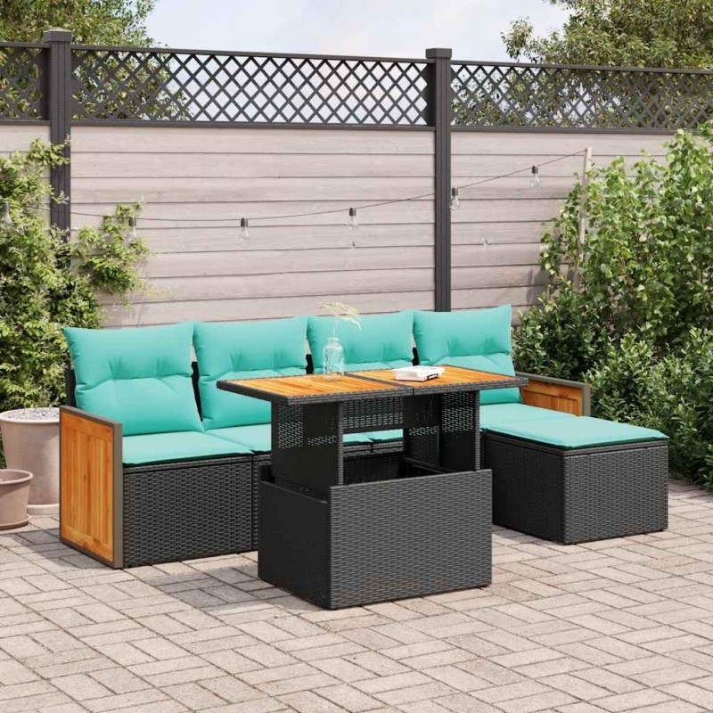 Salon de jardin 6 pcs avec coussins noir résine tressée acacia 641791641791