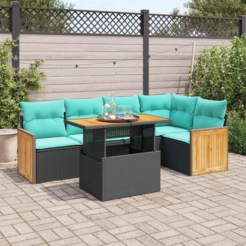 Salon de jardin 6 pcs avec coussins noir résine tressée acacia 641798641798