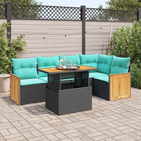 Salon de jardin 6 pcs avec coussins noir résine tressée acacia 641798641798