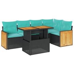 Salon de jardin 6 pcs avec coussins noir résine tressée acacia 641798641798