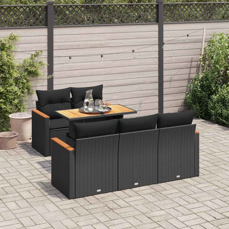 Salon de jardin 6 pcs avec coussins noir résine tressée acacia 641804641804