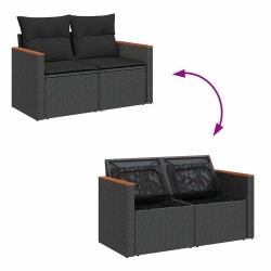 Salon de jardin 6 pcs avec coussins noir résine tressée acacia 641804641804