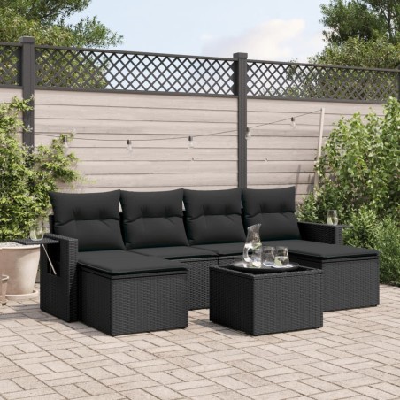 Salon de jardin 7 pcs avec coussins noir résine tressée 641811641811