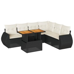 Salon de jardin 7 pcs avec coussins noir résine tressée 641814641814