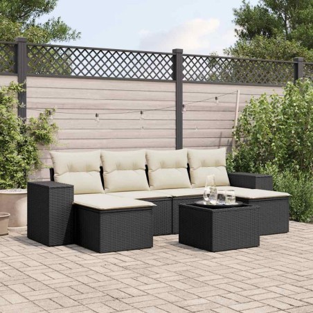 Salon de jardin 7 pcs avec coussins noir résine tressée 641817641817