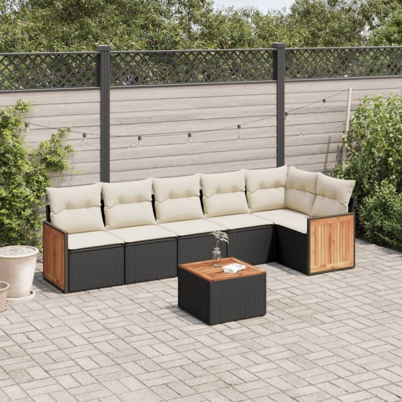 Salon de jardin 7 pcs avec coussins noir résine tressée 641832641832