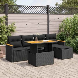 Salon de jardin 6 pcs avec coussins noir résine tressée acacia 641853641853