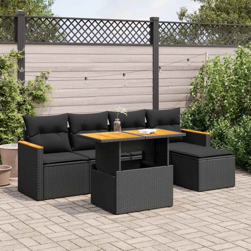 Salon de jardin 6 pcs avec coussins noir résine tressée acacia 641853641853