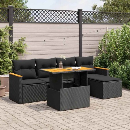 Salon de jardin 6 pcs avec coussins noir résine tressée acacia 641853641853