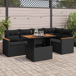 Salon de jardin 6 pcs avec coussins noir résine tressée acacia 641855641855