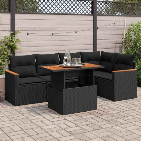 Salon de jardin 6 pcs avec coussins noir résine tressée acacia 641855641855